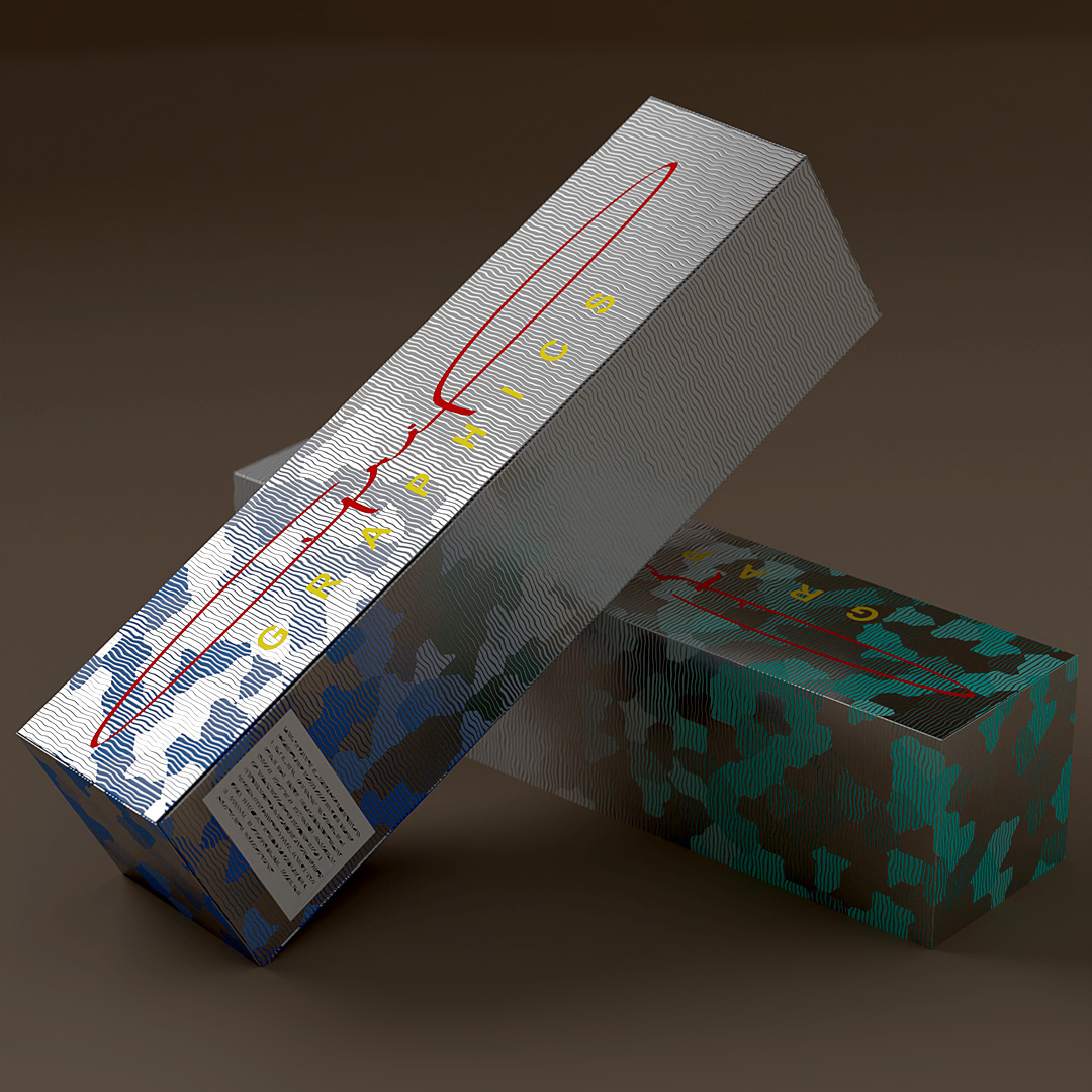 image de synthèse 3D de packaging au motif procedural avec rendu de vernis selectif et de tons directs - cgi Blender & Cycles Computer graphics render