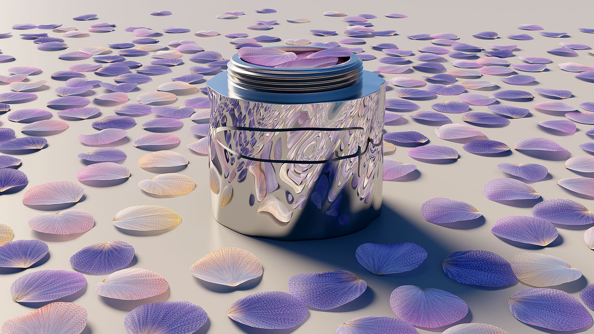 image de synthèse de pétales de fleurs et flacon métal poli, 100% digitale, CGI avertising, procedural 